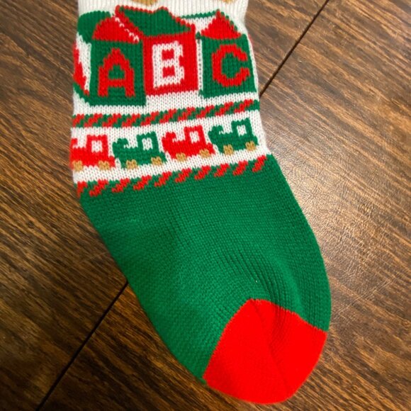 Vtg Knit Christmas Stocking Teddy Bear & ABC Blocks Design 17"x5" Holiday - Picture 3 of 6